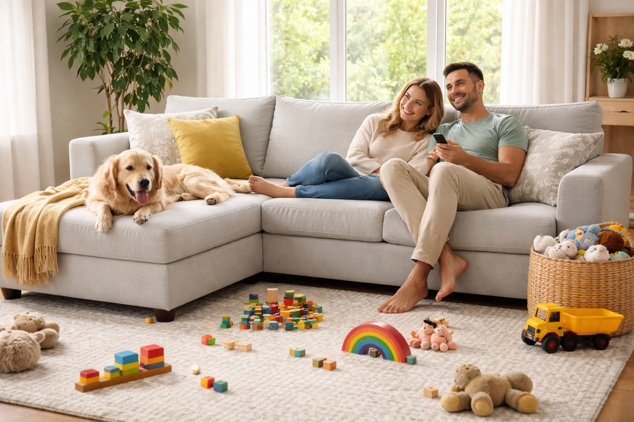 Two roommates sitting on a sofa in a tidy apartment living room, looking relaxed with a laptop closed on the coffee table