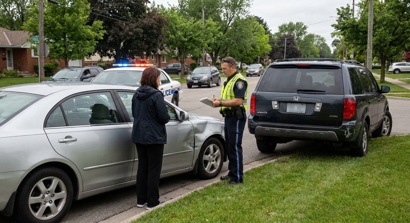 Two vehicles pulled to the side after a minor crash at a suburban intersection, with a driver speaking to a police officer, realistic news-style photograph
